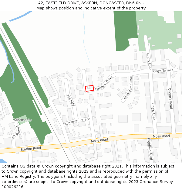 42, EASTFIELD DRIVE, ASKERN, DONCASTER, DN6 0NU: Location map and indicative extent of plot