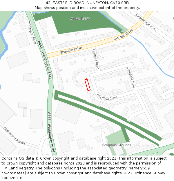 42, EASTFIELD ROAD, NUNEATON, CV10 0BB: Location map and indicative extent of plot