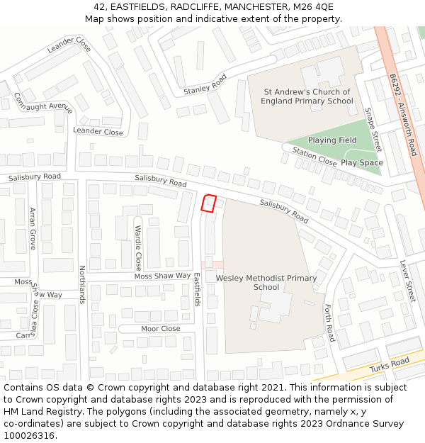 42, EASTFIELDS, RADCLIFFE, MANCHESTER, M26 4QE: Location map and indicative extent of plot