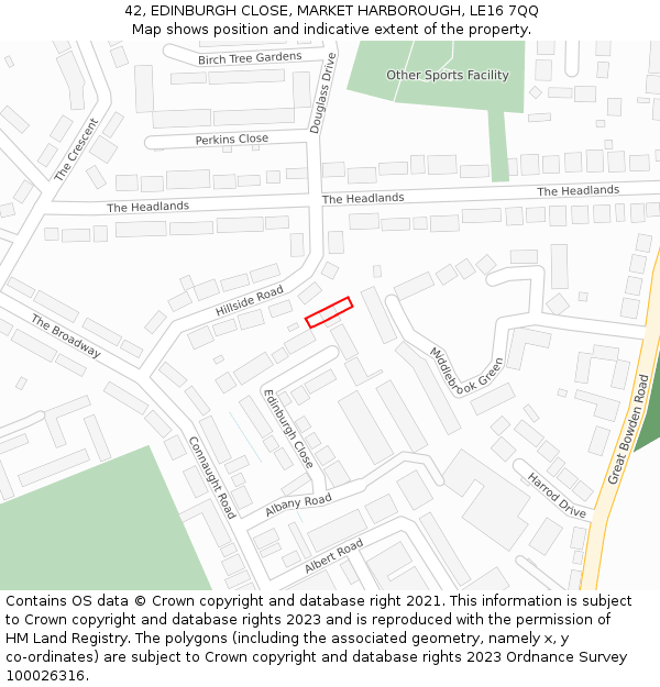 42, EDINBURGH CLOSE, MARKET HARBOROUGH, LE16 7QQ: Location map and indicative extent of plot