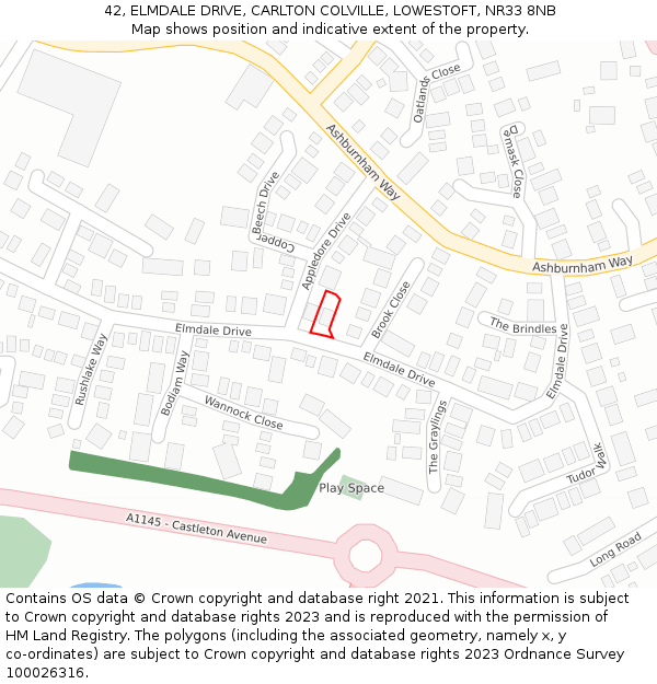 42, ELMDALE DRIVE, CARLTON COLVILLE, LOWESTOFT, NR33 8NB: Location map and indicative extent of plot
