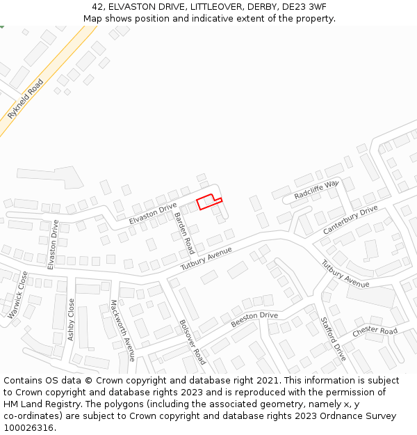 42, ELVASTON DRIVE, LITTLEOVER, DERBY, DE23 3WF: Location map and indicative extent of plot