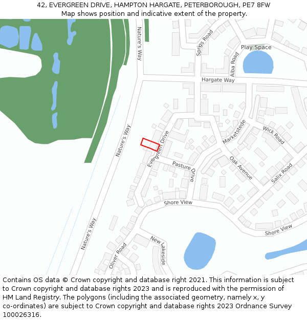 42, EVERGREEN DRIVE, HAMPTON HARGATE, PETERBOROUGH, PE7 8FW: Location map and indicative extent of plot