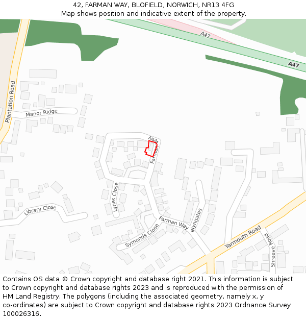 42, FARMAN WAY, BLOFIELD, NORWICH, NR13 4FG: Location map and indicative extent of plot