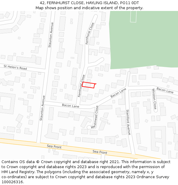 42, FERNHURST CLOSE, HAYLING ISLAND, PO11 0DT: Location map and indicative extent of plot