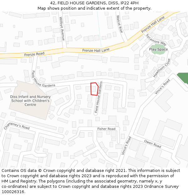 42, FIELD HOUSE GARDENS, DISS, IP22 4PH: Location map and indicative extent of plot