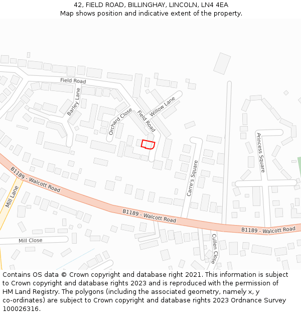42, FIELD ROAD, BILLINGHAY, LINCOLN, LN4 4EA: Location map and indicative extent of plot