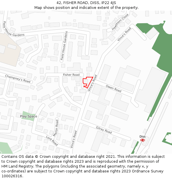 42, FISHER ROAD, DISS, IP22 4JS: Location map and indicative extent of plot