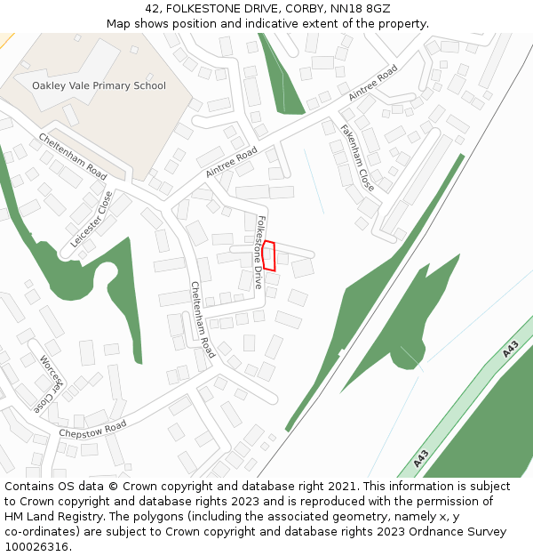 42, FOLKESTONE DRIVE, CORBY, NN18 8GZ: Location map and indicative extent of plot