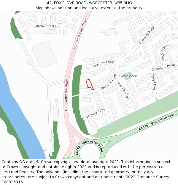 42, FOXGLOVE ROAD, WORCESTER, WR5 3HG: Location map and indicative extent of plot