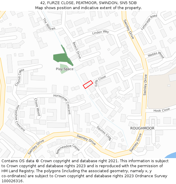 42, FURZE CLOSE, PEATMOOR, SWINDON, SN5 5DB: Location map and indicative extent of plot