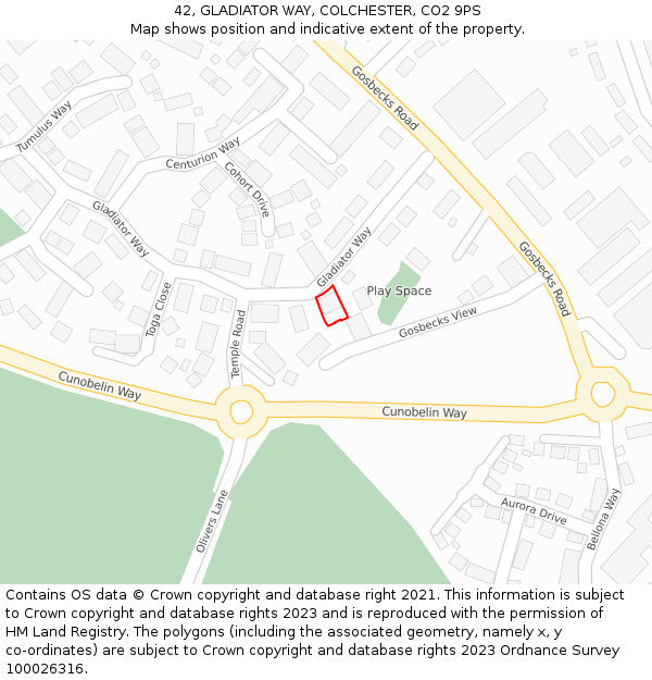 42, GLADIATOR WAY, COLCHESTER, CO2 9PS: Location map and indicative extent of plot