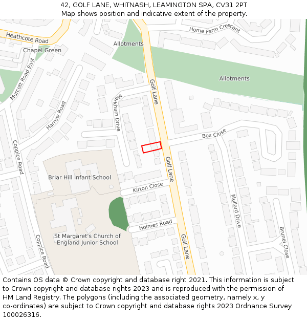 42, GOLF LANE, WHITNASH, LEAMINGTON SPA, CV31 2PT: Location map and indicative extent of plot