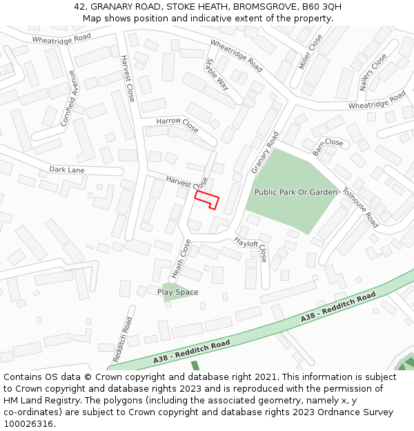42, GRANARY ROAD, STOKE HEATH, BROMSGROVE, B60 3QH: Location map and indicative extent of plot
