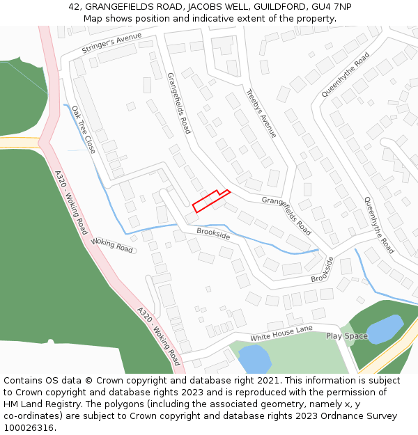 42, GRANGEFIELDS ROAD, JACOBS WELL, GUILDFORD, GU4 7NP: Location map and indicative extent of plot