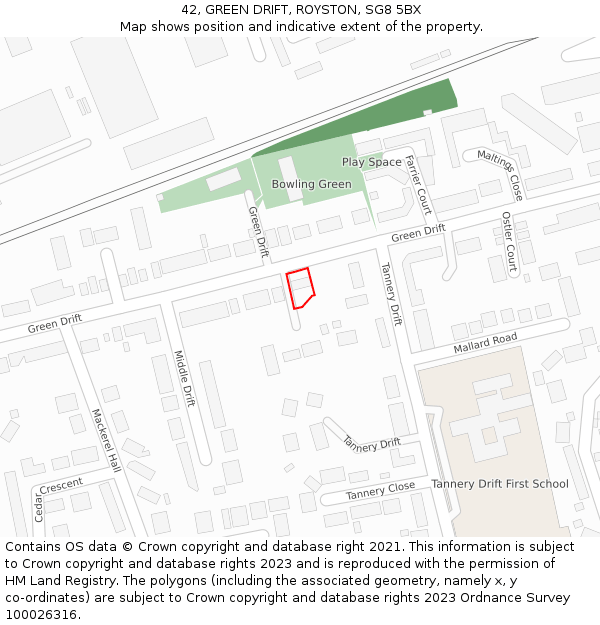 42, GREEN DRIFT, ROYSTON, SG8 5BX: Location map and indicative extent of plot