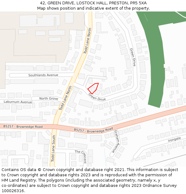 42, GREEN DRIVE, LOSTOCK HALL, PRESTON, PR5 5XA: Location map and indicative extent of plot