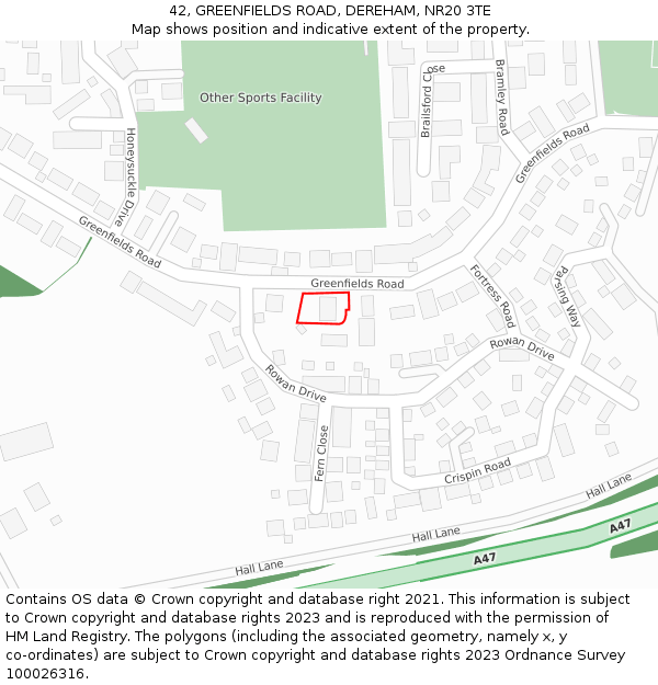 42, GREENFIELDS ROAD, DEREHAM, NR20 3TE: Location map and indicative extent of plot