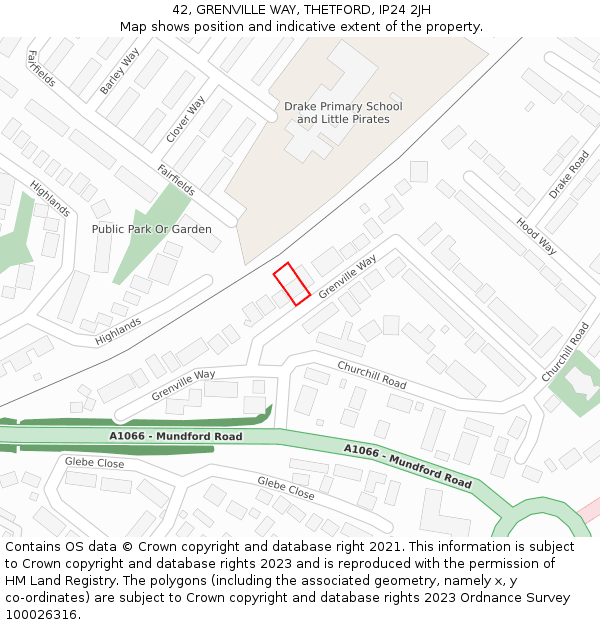 42, GRENVILLE WAY, THETFORD, IP24 2JH: Location map and indicative extent of plot