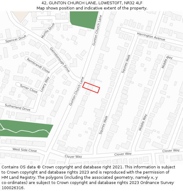 42, GUNTON CHURCH LANE, LOWESTOFT, NR32 4LF: Location map and indicative extent of plot