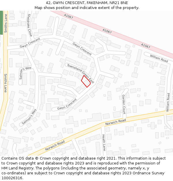 42, GWYN CRESCENT, FAKENHAM, NR21 8NE: Location map and indicative extent of plot