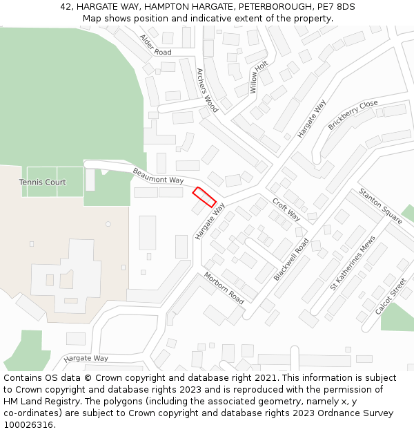 42, HARGATE WAY, HAMPTON HARGATE, PETERBOROUGH, PE7 8DS: Location map and indicative extent of plot
