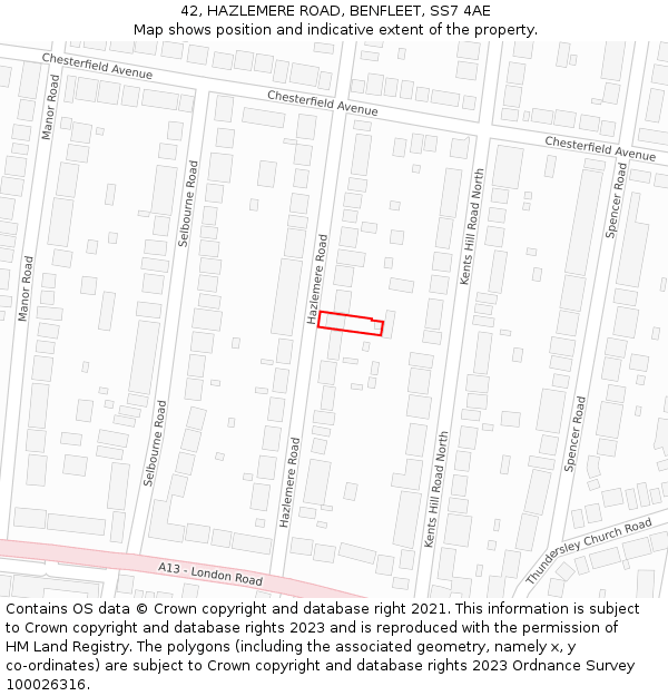 42, HAZLEMERE ROAD, BENFLEET, SS7 4AE: Location map and indicative extent of plot