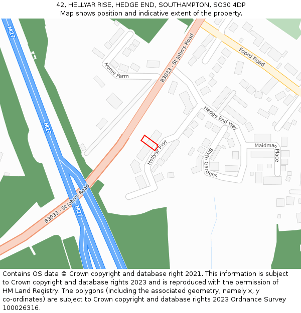 42, HELLYAR RISE, HEDGE END, SOUTHAMPTON, SO30 4DP: Location map and indicative extent of plot