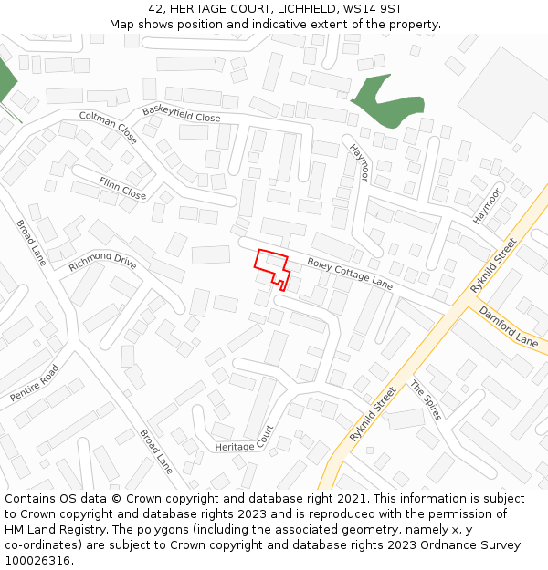 42, HERITAGE COURT, LICHFIELD, WS14 9ST: Location map and indicative extent of plot