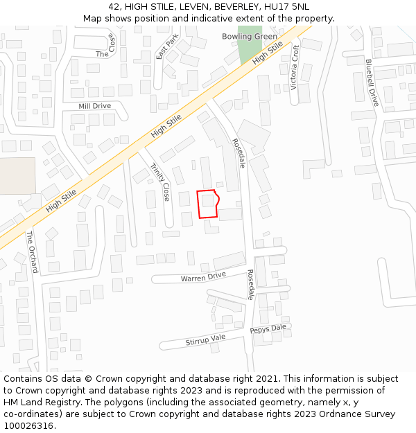 42, HIGH STILE, LEVEN, BEVERLEY, HU17 5NL: Location map and indicative extent of plot