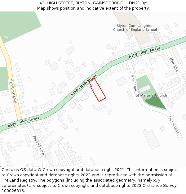 42, HIGH STREET, BLYTON, GAINSBOROUGH, DN21 3JY: Location map and indicative extent of plot