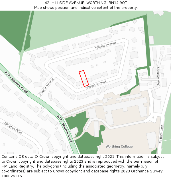 42, HILLSIDE AVENUE, WORTHING, BN14 9QT: Location map and indicative extent of plot