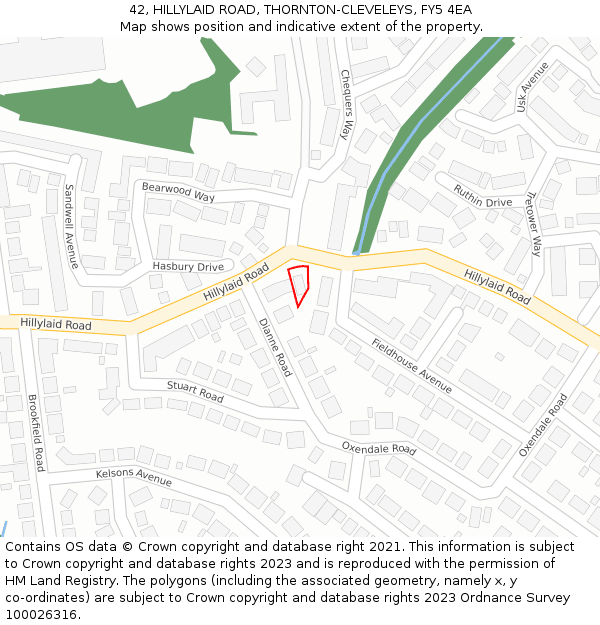 42, HILLYLAID ROAD, THORNTON-CLEVELEYS, FY5 4EA: Location map and indicative extent of plot