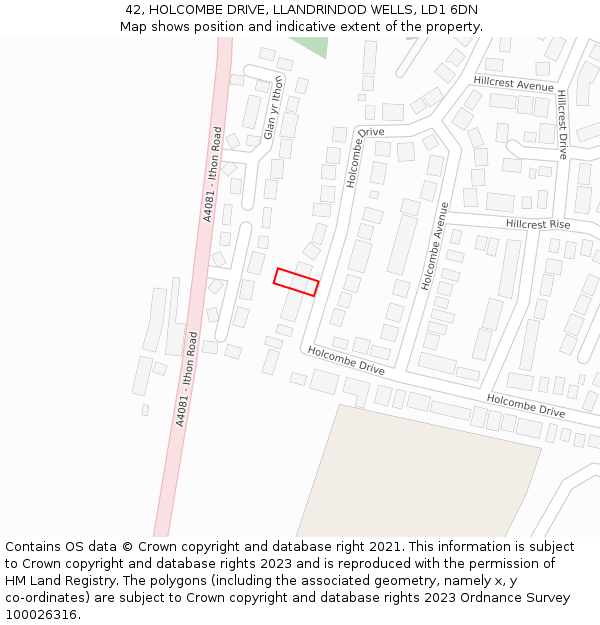 42, HOLCOMBE DRIVE, LLANDRINDOD WELLS, LD1 6DN: Location map and indicative extent of plot