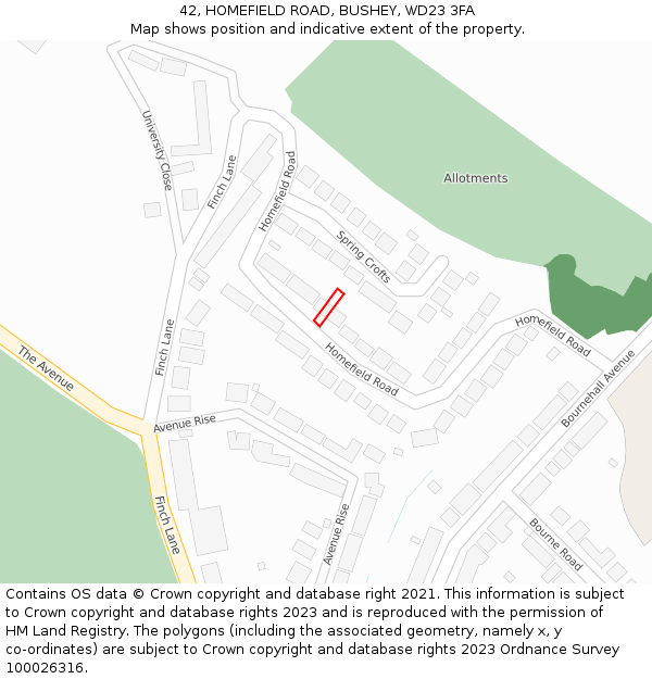 42, HOMEFIELD ROAD, BUSHEY, WD23 3FA: Location map and indicative extent of plot