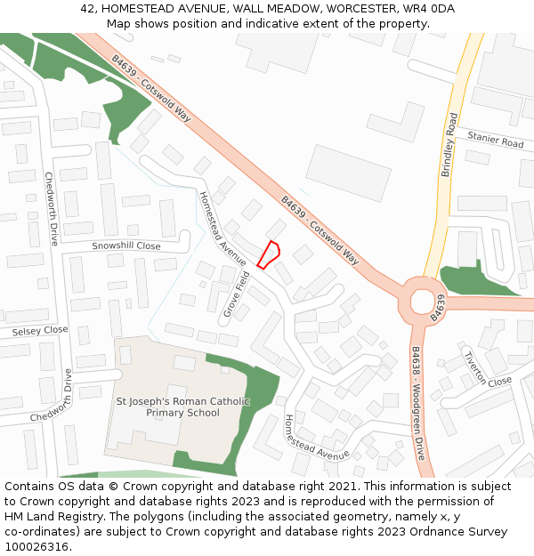 42, HOMESTEAD AVENUE, WALL MEADOW, WORCESTER, WR4 0DA: Location map and indicative extent of plot