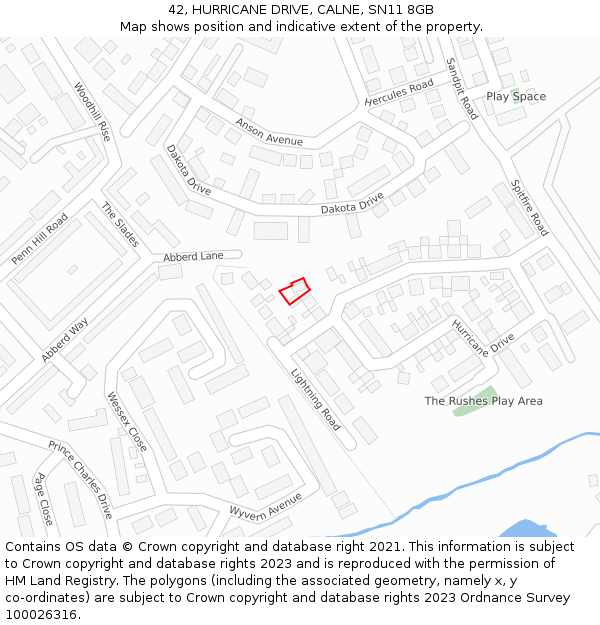 42, HURRICANE DRIVE, CALNE, SN11 8GB: Location map and indicative extent of plot