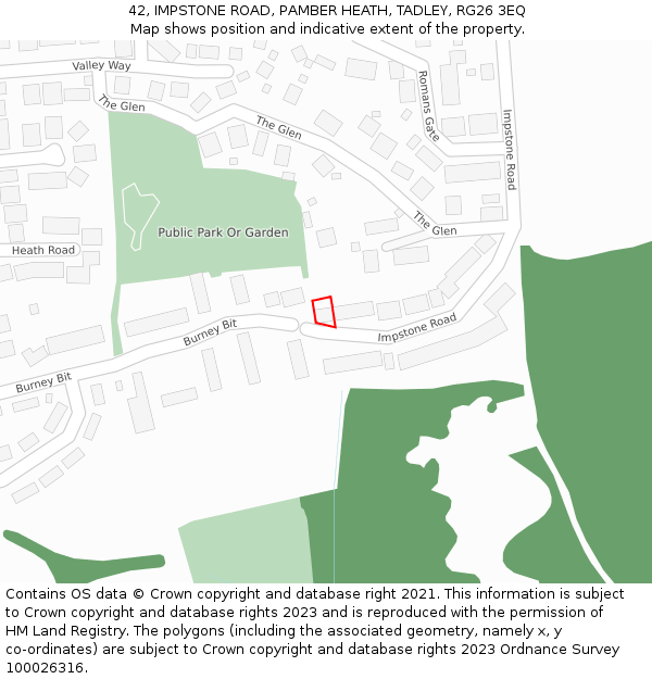 42, IMPSTONE ROAD, PAMBER HEATH, TADLEY, RG26 3EQ: Location map and indicative extent of plot
