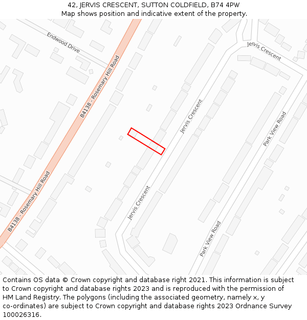 42, JERVIS CRESCENT, SUTTON COLDFIELD, B74 4PW: Location map and indicative extent of plot