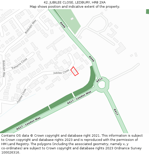 42, JUBILEE CLOSE, LEDBURY, HR8 2XA: Location map and indicative extent of plot