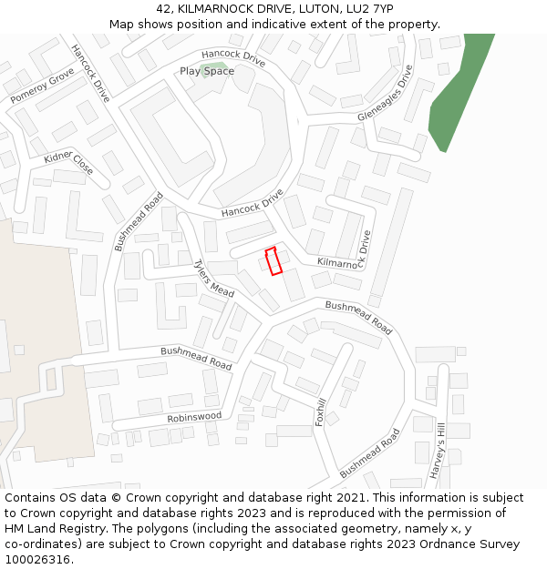 42, KILMARNOCK DRIVE, LUTON, LU2 7YP: Location map and indicative extent of plot