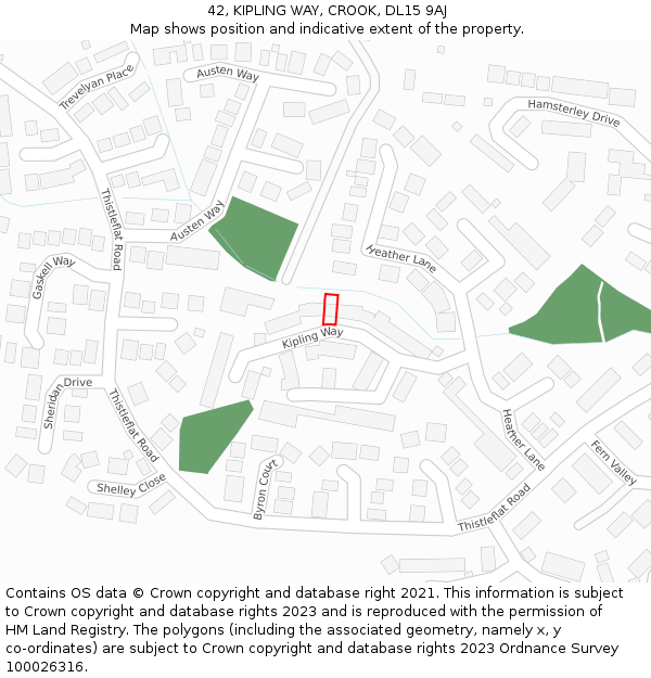 42, KIPLING WAY, CROOK, DL15 9AJ: Location map and indicative extent of plot