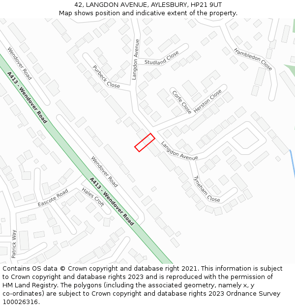 42, LANGDON AVENUE, AYLESBURY, HP21 9UT: Location map and indicative extent of plot