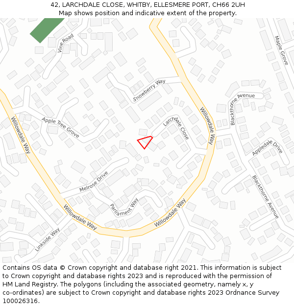 42, LARCHDALE CLOSE, WHITBY, ELLESMERE PORT, CH66 2UH: Location map and indicative extent of plot