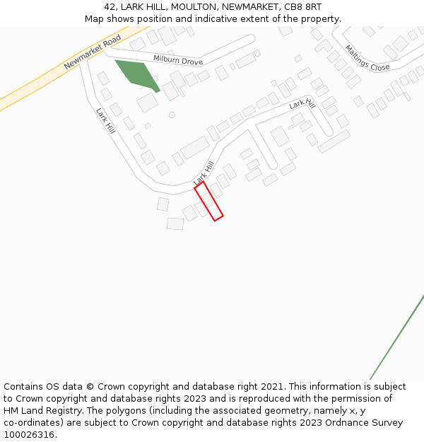 42, LARK HILL, MOULTON, NEWMARKET, CB8 8RT: Location map and indicative extent of plot