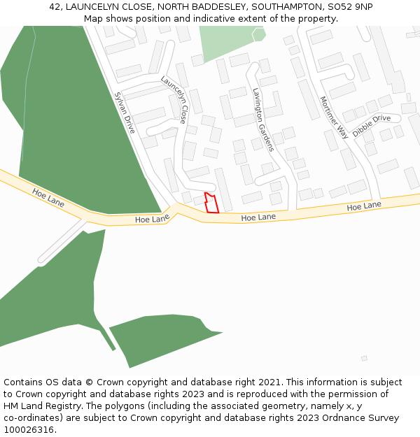 42, LAUNCELYN CLOSE, NORTH BADDESLEY, SOUTHAMPTON, SO52 9NP: Location map and indicative extent of plot