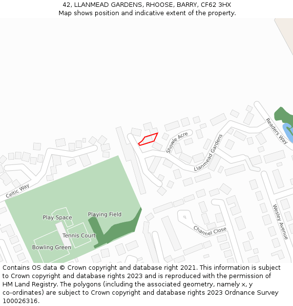 42, LLANMEAD GARDENS, RHOOSE, BARRY, CF62 3HX: Location map and indicative extent of plot
