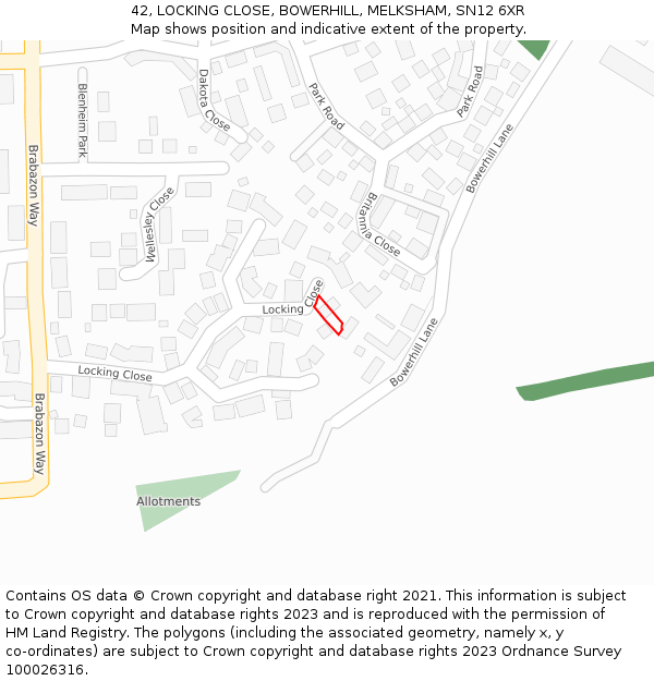 42, LOCKING CLOSE, BOWERHILL, MELKSHAM, SN12 6XR: Location map and indicative extent of plot