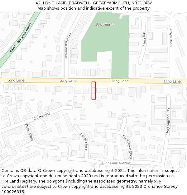 42, LONG LANE, BRADWELL, GREAT YARMOUTH, NR31 8PW: Location map and indicative extent of plot