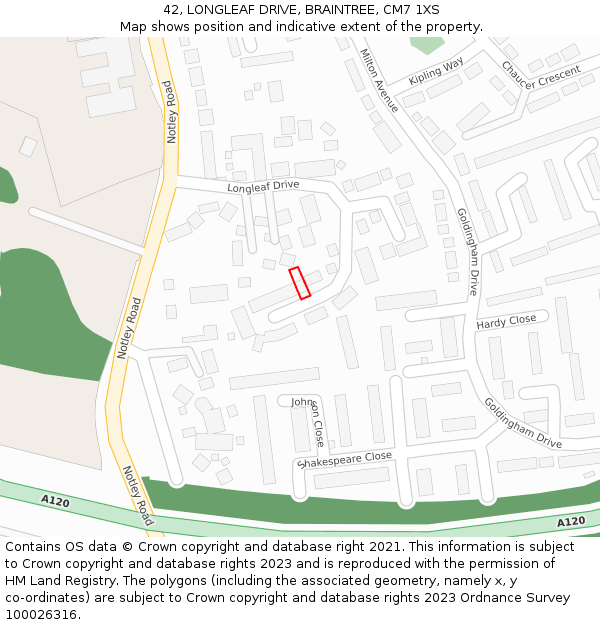 42, LONGLEAF DRIVE, BRAINTREE, CM7 1XS: Location map and indicative extent of plot